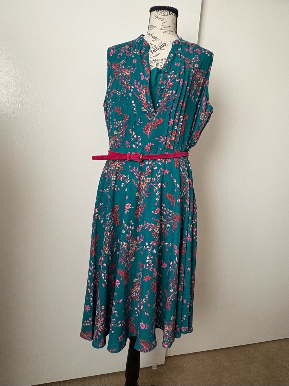 Nanette Lepore Teal Floral Midi Dress with Pink Belt